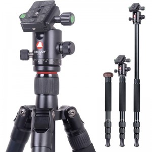 Kingjoy Travel Tripod Kit, aluminiums videokamera stativ med væskeformigt trækhoved, midterste søjle, justerbar benvinkel, kompatibel til Canon Nikon DSLR videooptagelse